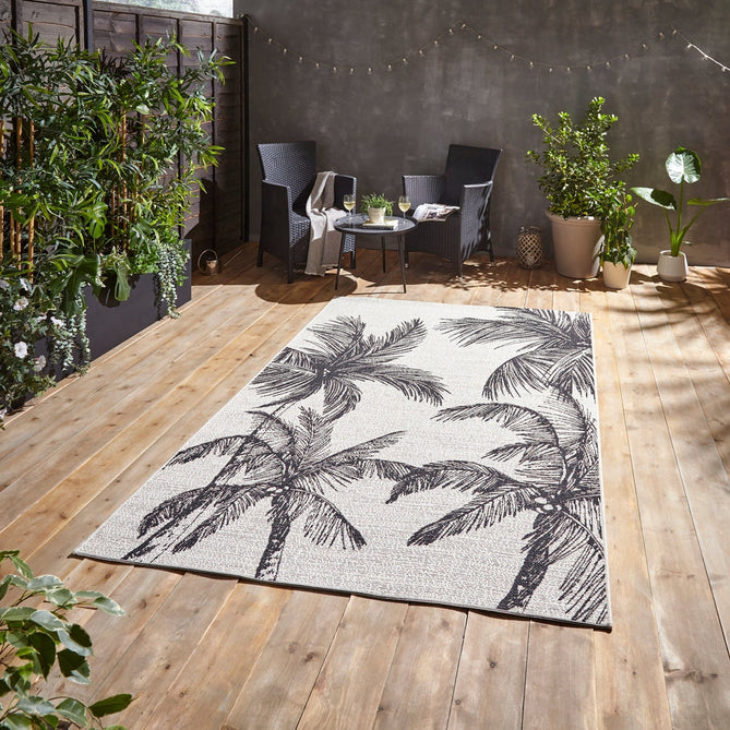 Miami A444 Botanical Floral Palm Trees Durable Stain-Resistant Weatherproof Flatweave In-Outdoor Cream/Black Rug-Think Rugs-Rug Love - The Most Loved Rug Store