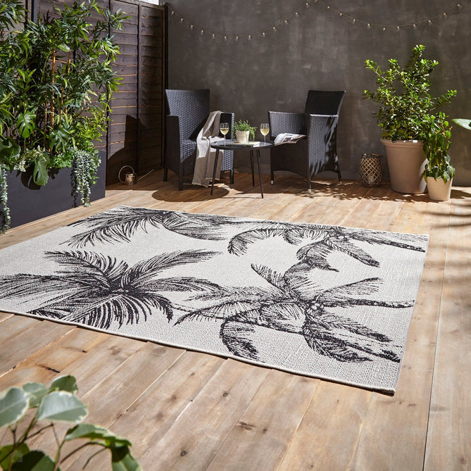 Miami A444 Botanical Floral Palm Trees Durable Stain-Resistant Weatherproof Flatweave In-Outdoor Cream/Black Rug-Think Rugs-Rug Love - The Most Loved Rug Store