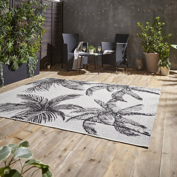 Miami A444 Botanical Floral Palm Trees Durable Stain-Resistant Weatherproof Flatweave In-Outdoor Cream/Black Rug-Think Rugs-Rug Love - The Most Loved Rug Store