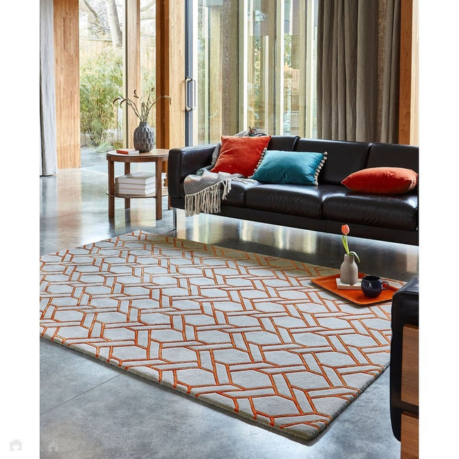 Nexus Fine Lines FL01 Modern Geometric High-Density Heavyweight Hand-Carved Wool&Viscose Silver/Orange Rug-Asiatic Carpets-Rug Love - The Most Loved Rug Store