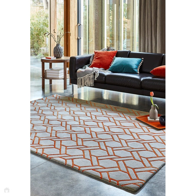 Nexus Fine Lines FL01 Modern Geometric High-Density Heavyweight Hand-Carved Wool&Viscose Silver/Orange Rug-Asiatic Carpets-Rug Love - The Most Loved Rug Store