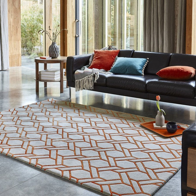 Nexus Fine Lines FL01 Modern Geometric High-Density Heavyweight Hand-Carved Wool&Viscose Silver/Orange Rug-Asiatic Carpets-Rug Love - The Most Loved Rug Store