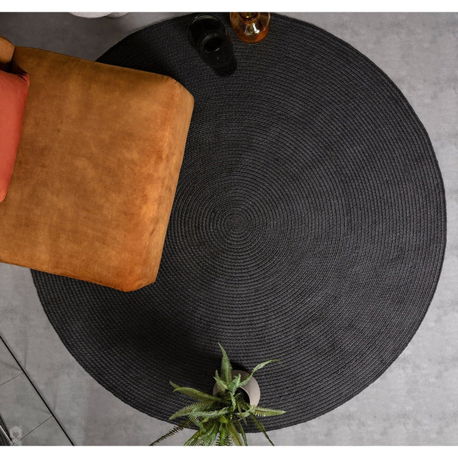 Nico Modern Plain Tonal Hand-Braided Polyester Flatweave In-Outdoor Round Charcoal Grey Rug-Asiatic Carpets-Rug Love - The Most Loved Rug Store