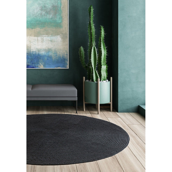 Nico Modern Plain Tonal Hand-Braided Polyester Flatweave In-Outdoor Round Charcoal Grey Rug-Asiatic Carpets-Rug Love - The Most Loved Rug Store