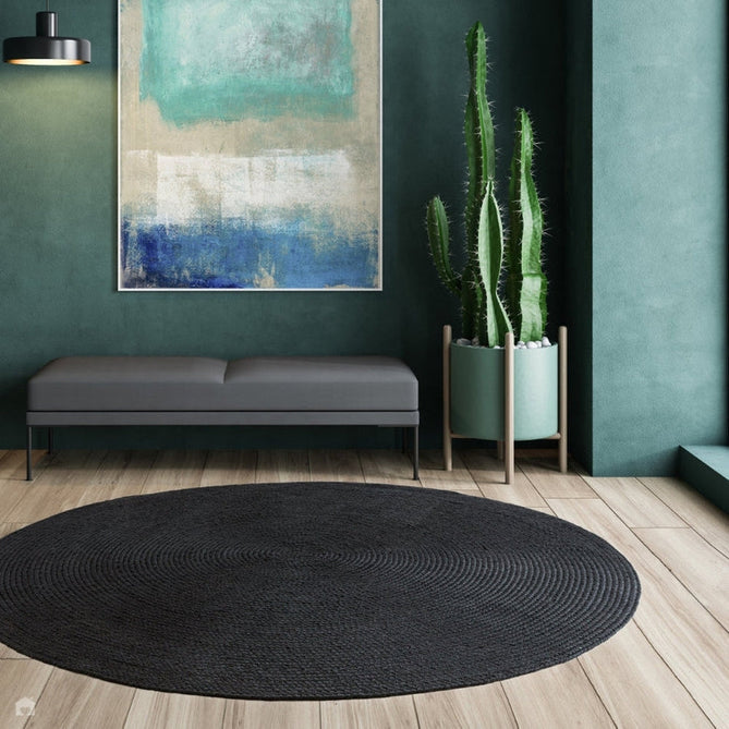 Nico Modern Plain Tonal Hand-Braided Polyester Flatweave In-Outdoor Round Charcoal Grey Rug-Asiatic Carpets-Rug Love - The Most Loved Rug Store