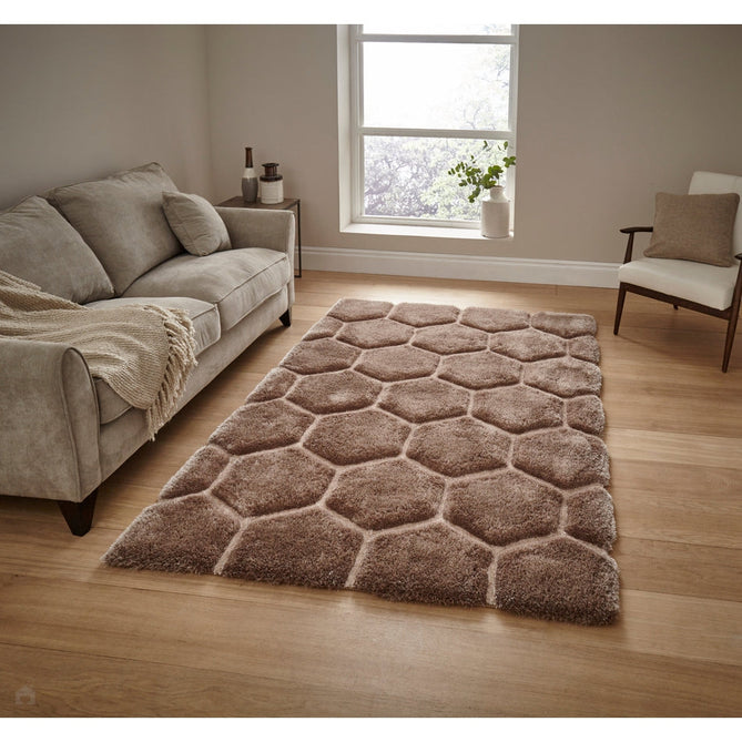 Noble House NH30782 Plush Geometric 3D Hexagon Hand-Carved High-Density Acrylic Shaggy Beige/Brown Rug-Think Rugs-Rug Love - The Most Loved Rug Store