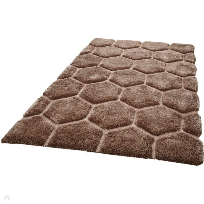 Noble House NH30782 Plush Geometric 3D Hexagon Hand-Carved High-Density Acrylic Shaggy Beige/Brown Rug-Think Rugs-Rug Love - The Most Loved Rug Store