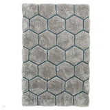 Noble House NH30782 Plush Geometric 3D Hexagon Hand-Carved High-Density Acrylic Shaggy Grey/Blue Rug 150 x 230 cm