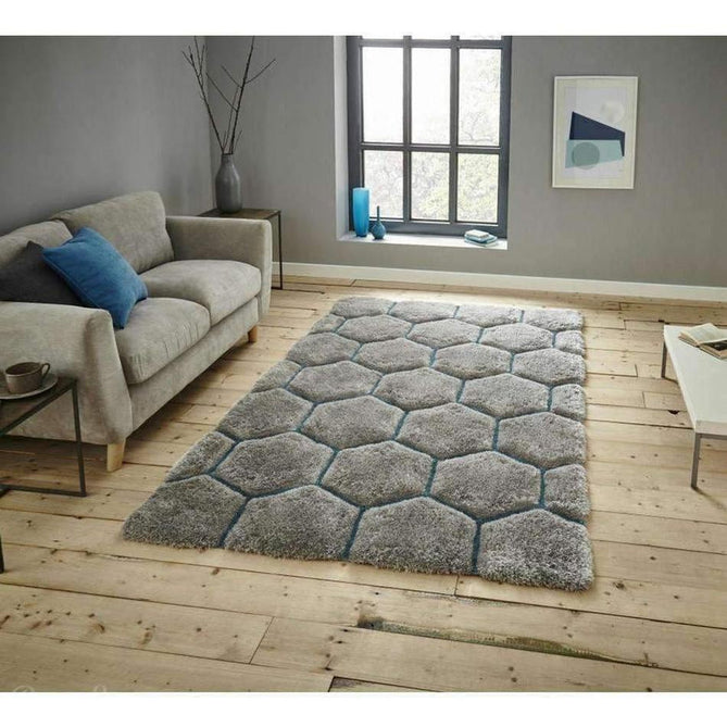 Noble House NH30782 Plush Geometric 3D Hexagon Hand-Carved High-Density Acrylic Shaggy Grey/Blue Rug-Think Rugs-Rug Love - The Most Loved Rug Store