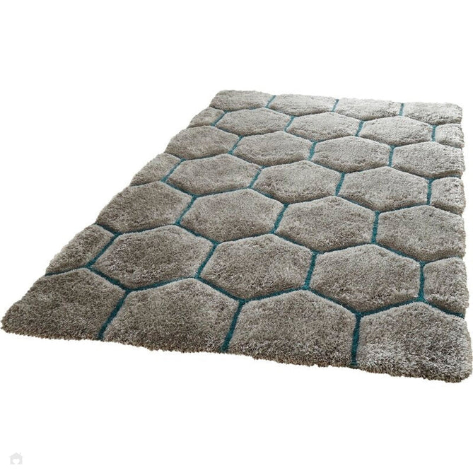 Noble House NH30782 Plush Geometric 3D Hexagon Hand-Carved High-Density Acrylic Shaggy Grey/Blue Rug-Think Rugs-Rug Love - The Most Loved Rug Store