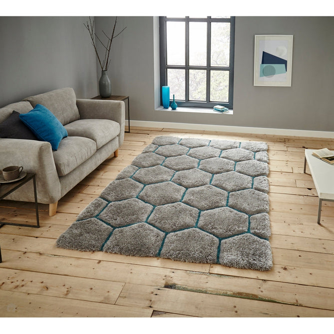 Noble House NH30782 Plush Geometric 3D Hexagon Hand-Carved High-Density Acrylic Shaggy Grey/Blue Rug-Think Rugs-Rug Love - The Most Loved Rug Store