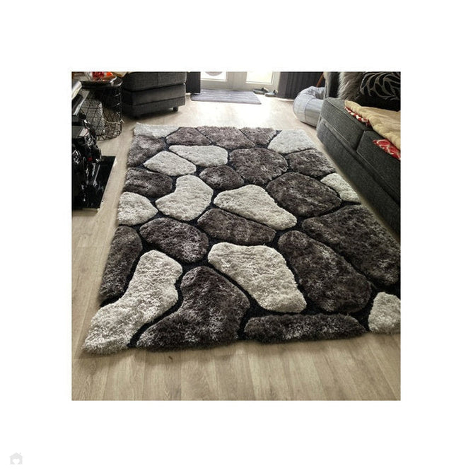 Noble House NH5858 Plush Geometric 3D Pebbles Hand-Carved High-Density Acrylic Shaggy Black/Grey Rug-Think Rugs-Rug Love - The Most Loved Rug Store