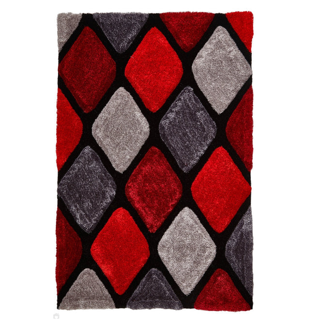 Noble House NH9247 Plush Geometric 3D Diamond Hand-Carved High-Density Acrylic Shaggy Grey/Red Rug-Think Rugs-Rug Love - The Most Loved Rug Store