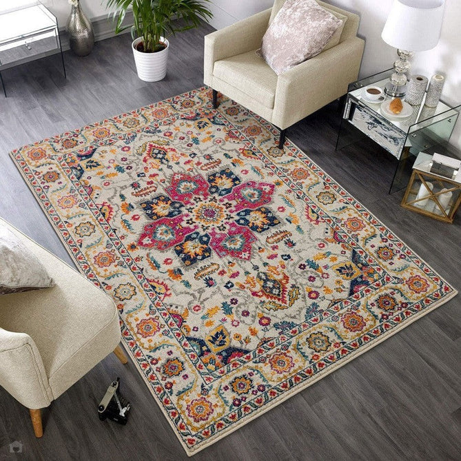 Nova NV24 Persian Traditional Medallion Border Durable Short Pile White/Multicolour Rug-Asiatic Carpets-Rug Love - The Most Loved Rug Store