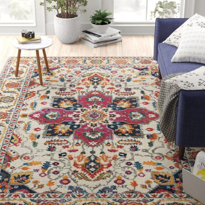 Nova NV24 Persian Traditional Medallion Border Durable Short Pile White/Multicolour Rug-Asiatic Carpets-Rug Love - The Most Loved Rug Store