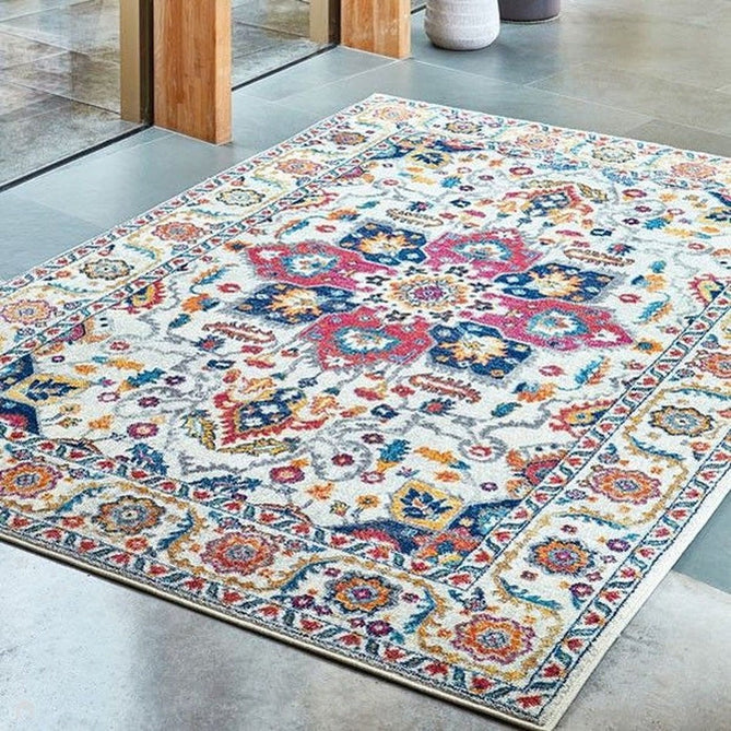 Nova NV24 Persian Traditional Medallion Border Durable Short Pile White/Multicolour Rug-Asiatic Carpets-Rug Love - The Most Loved Rug Store