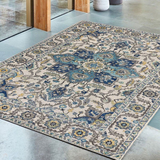 Nova NV25 Persian Traditional Medallion Border Durable Short Pile Blue/Cream/Yellow Rug-Asiatic Carpets-Rug Love - The Most Loved Rug Store