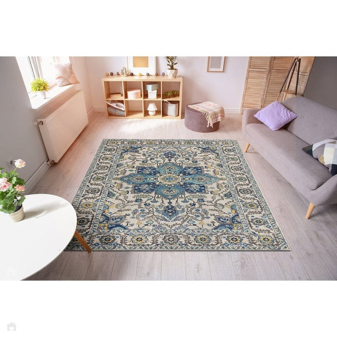 Nova NV25 Persian Traditional Medallion Border Durable Short Pile Blue/Cream/Yellow Rug-Asiatic Carpets-Rug Love - The Most Loved Rug Store