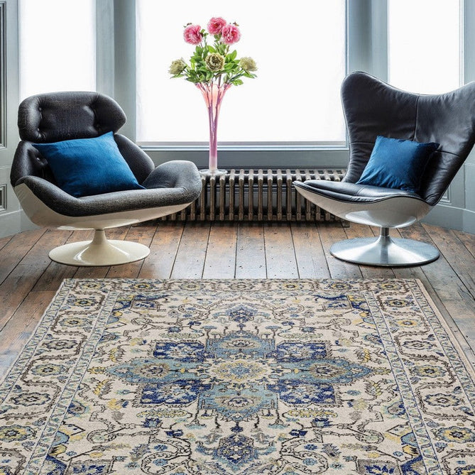 Nova NV25 Persian Traditional Medallion Border Durable Short Pile Blue/Cream/Yellow Rug-Asiatic Carpets-Rug Love - The Most Loved Rug Store