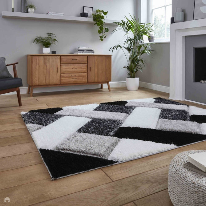 Olympia 2239 3D Geometric Plush Hand Carved Soft Polypropylene Shaggy Black/White/Grey Rug-Think Rugs-Rug Love - The Most Loved Rug Store