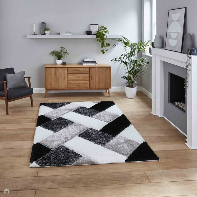 Olympia 2239 3D Geometric Plush Hand Carved Soft Polypropylene Shaggy Black/White/Grey Rug-Think Rugs-Rug Love - The Most Loved Rug Store