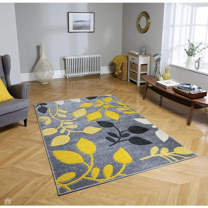 Portland 1096 1 Modern Floral Leaf Carved Durable Short Pile Grey/Cream/Yellow Rug-Oriental Weavers-Rug Love - The Most Loved Rug Store