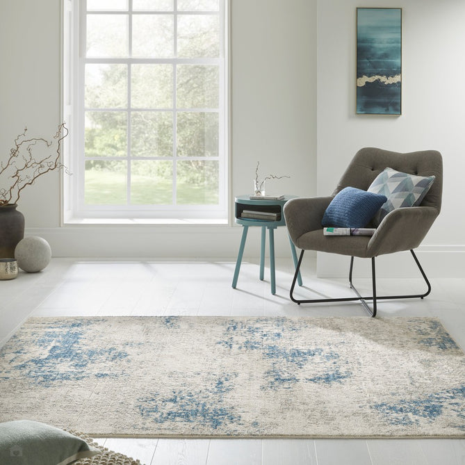 Rossa ROS03 Modern Abstract Distressed Textured Short Low Flat Pile Ivory/Blue Rug-Concept Looms-Rug Love - The Most Loved Rug Store