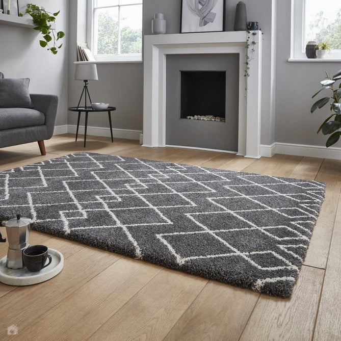 Royal Nomadic A638 Modern Geometric Diamond Soft Plush Boho Shaggy Grey/Cream Rug-Think Rugs-Rug Love - The Most Loved Rug Store