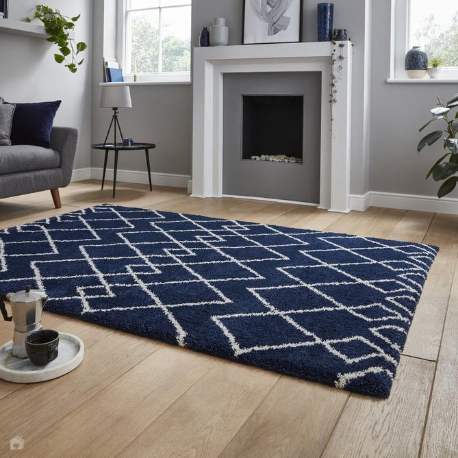 Royal Nomadic A638 Modern Geometric Diamond Soft Plush Boho Shaggy Navy Rug-Think Rugs-Rug Love - The Most Loved Rug Store