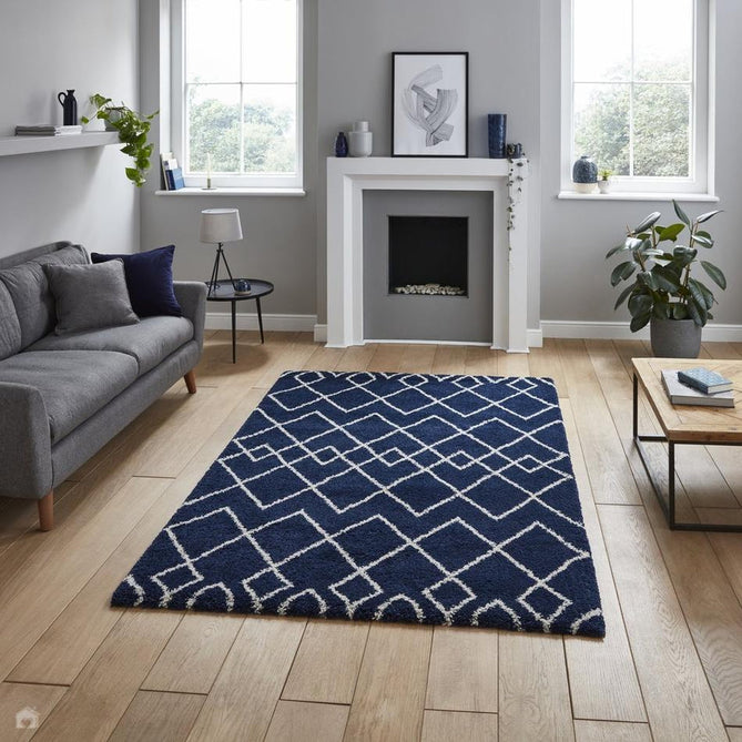 Royal Nomadic A638 Modern Geometric Diamond Soft Plush Boho Shaggy Navy Rug-Think Rugs-Rug Love - The Most Loved Rug Store