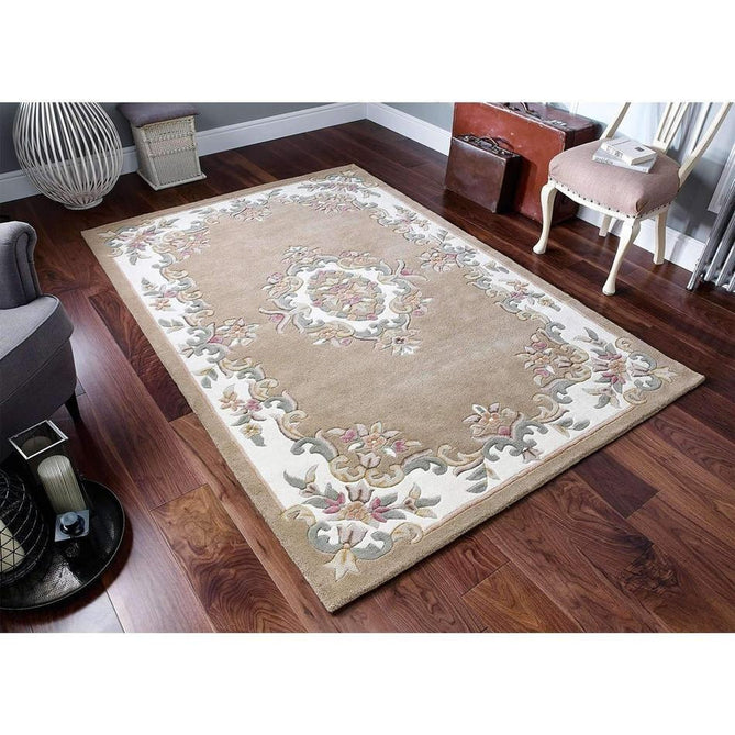 Royal Traditional Floral Aubusson Medallion Border Oriental Chinese Style Hand-Carved Hi-Low Textured Wool Beige Rug-Oriental Weavers-Rug Love - The Most Loved Rug Store