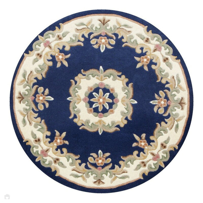 Royal Traditional Floral Aubusson Medallion Border Oriental Chinese Style Hand-Carved Hi-Low Textured Wool Blue Round Rug-Oriental Weavers-Rug Love - The Most Loved Rug Store