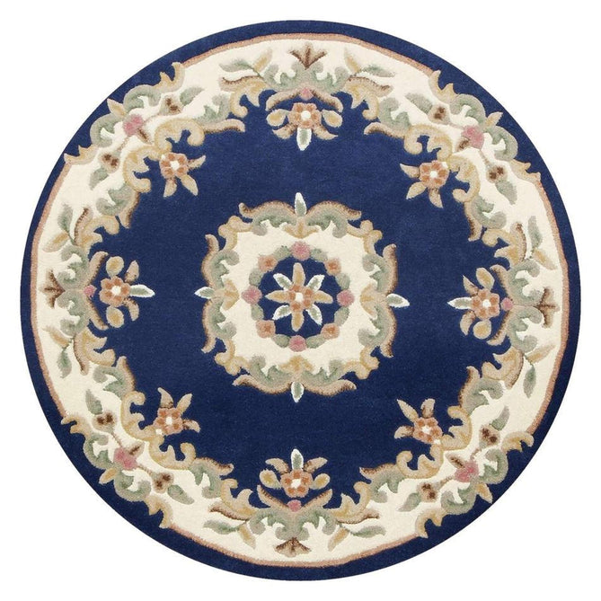 Royal Traditional Floral Aubusson Medallion Border Oriental Chinese Style Hand-Carved Hi-Low Textured Wool Blue Round Rug-Oriental Weavers-Rug Love - The Most Loved Rug Store