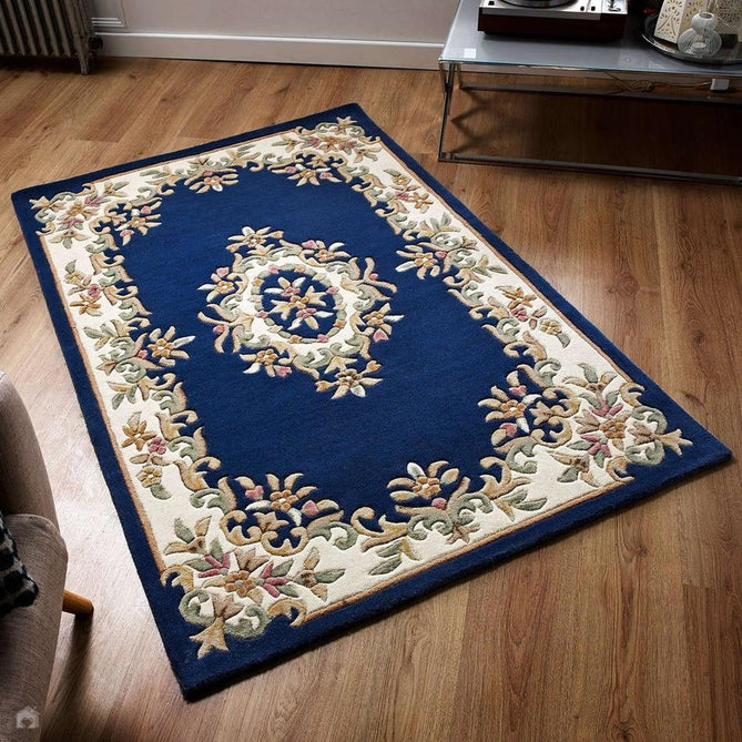 Royal Traditional Floral Aubusson Medallion Border Oriental Chinese Style Hand-Carved Hi-Low Textured Wool Blue Rug-Oriental Weavers-Rug Love - The Most Loved Rug Store