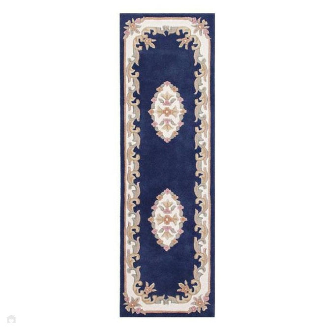 Royal Traditional Floral Aubusson Medallion Border Oriental Chinese Style Hand-Carved Hi-Low Textured Wool Blue Runner-Oriental Weavers-Rug Love - The Most Loved Rug Store