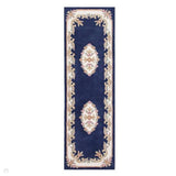 Royal Traditional Floral Aubusson Medallion Border Oriental Chinese Style Hand-Carved Hi-Low Textured Wool Blue Runner