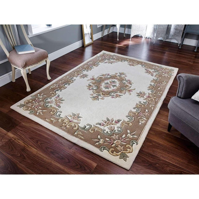 Royal Traditional Floral Aubusson Medallion Border Oriental Chinese Style Hand-Carved Hi-Low Textured Wool Cream/Beige Rug-Oriental Weavers-Rug Love - The Most Loved Rug Store