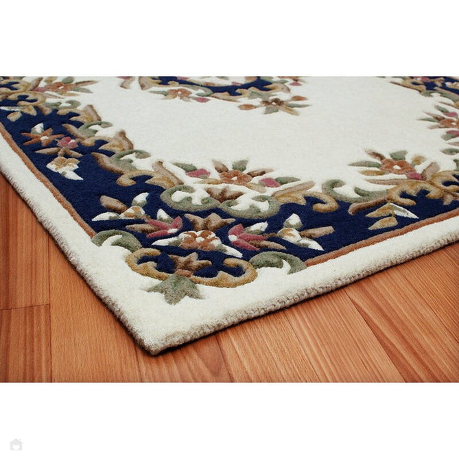 Royal Traditional Floral Aubusson Medallion Border Oriental Chinese Style Hand-Carved Hi-Low Textured Wool Cream/Blue Half Moon Rug-Oriental Weavers-Rug Love - The Most Loved Rug Store