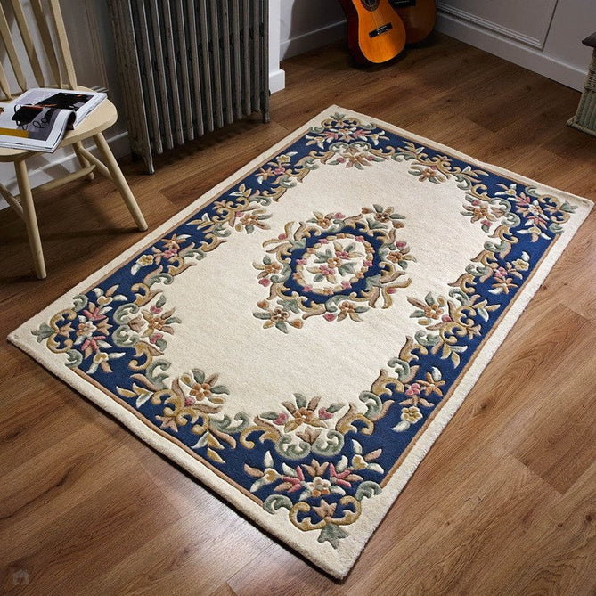 Royal Traditional Floral Aubusson Medallion Border Oriental Chinese Style Hand-Carved Hi-Low Textured Wool Cream/Blue Rug-Oriental Weavers-Rug Love - The Most Loved Rug Store