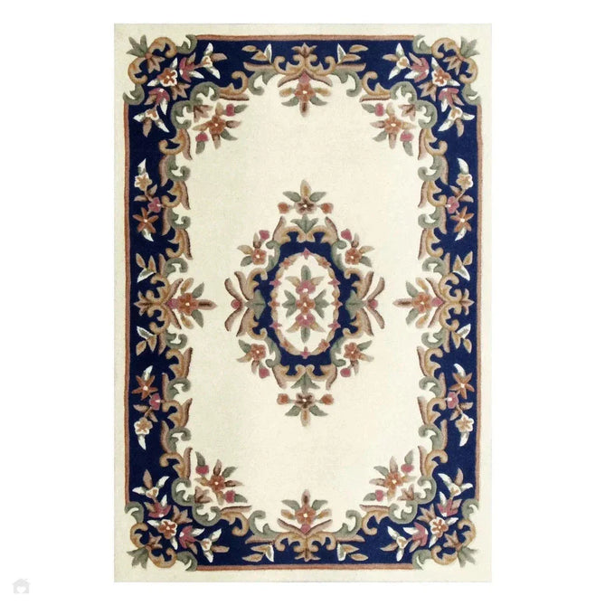 Royal Traditional Floral Aubusson Medallion Border Oriental Chinese Style Hand-Carved Hi-Low Textured Wool Cream/Blue Rug-Oriental Weavers-Rug Love - The Most Loved Rug Store