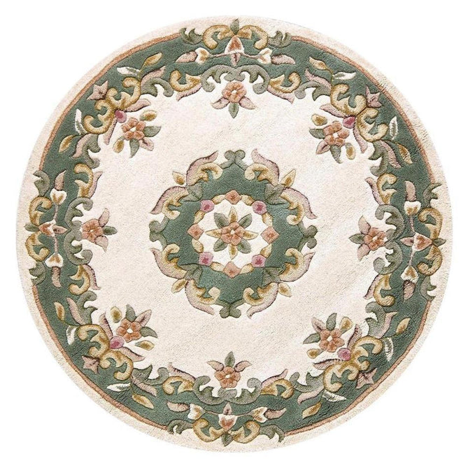 Royal Traditional Floral Aubusson Medallion Border Oriental Chinese Style Hand-Carved Hi-Low Textured Wool Cream/Green Round Rug-Oriental Weavers-Rug Love - The Most Loved Rug Store