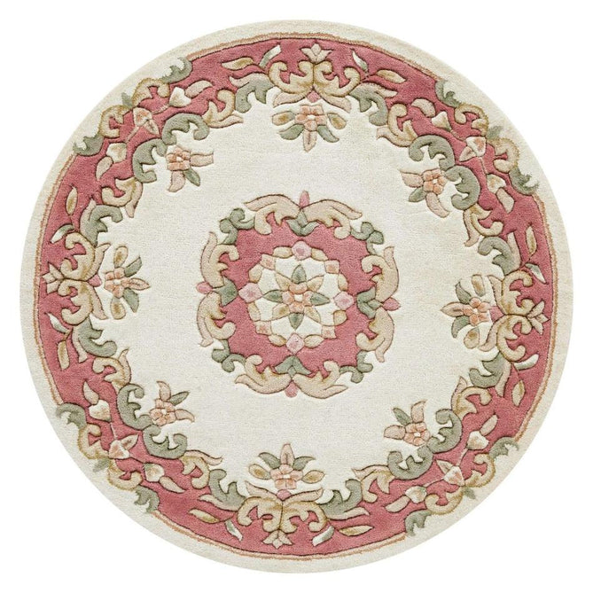 Royal Traditional Floral Aubusson Medallion Border Oriental Chinese Style Hand-Carved Hi-Low Textured Wool Cream/Pink Round Rug-Oriental Weavers-Rug Love - The Most Loved Rug Store