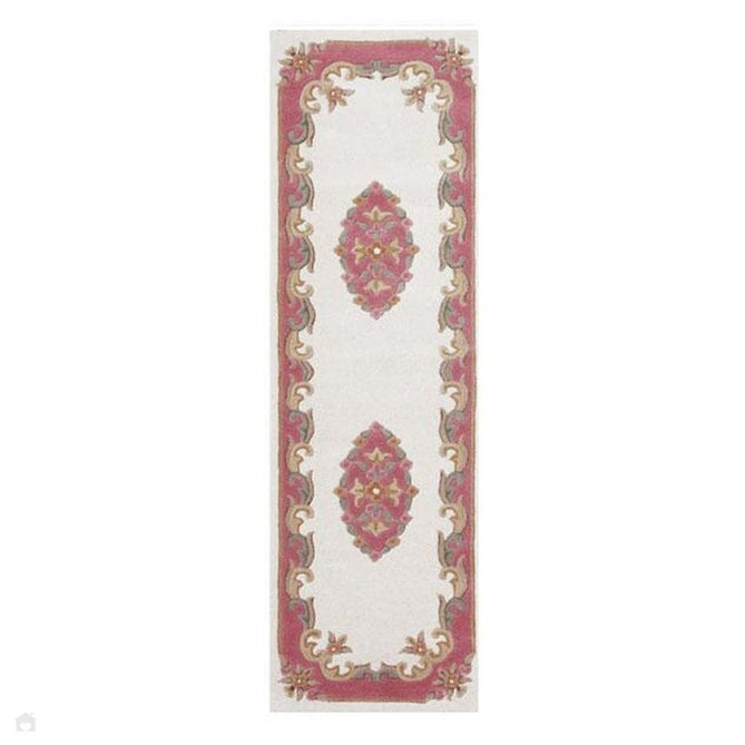 Royal Traditional Floral Aubusson Medallion Border Oriental Chinese Style Hand-Carved Hi-Low Textured Wool Cream/Pink Runner-Oriental Weavers-Rug Love - The Most Loved Rug Store