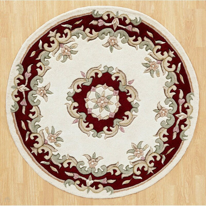 Royal Traditional Floral Aubusson Medallion Border Oriental Chinese Style Hand-Carved Hi-Low Textured Wool Cream/Red Round Rug-Oriental Weavers-Rug Love - The Most Loved Rug Store