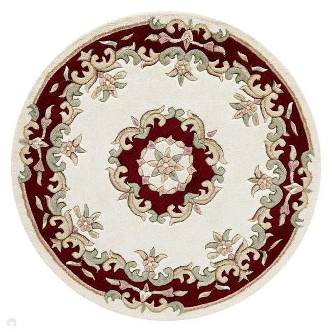 Royal Traditional Floral Aubusson Medallion Border Oriental Chinese Style Hand-Carved Hi-Low Textured Wool Cream/Red Round Rug-Oriental Weavers-Rug Love - The Most Loved Rug Store