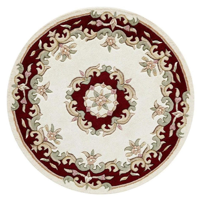 Royal Traditional Floral Aubusson Medallion Border Oriental Chinese Style Hand-Carved Hi-Low Textured Wool Cream/Red Round Rug-Oriental Weavers-Rug Love - The Most Loved Rug Store