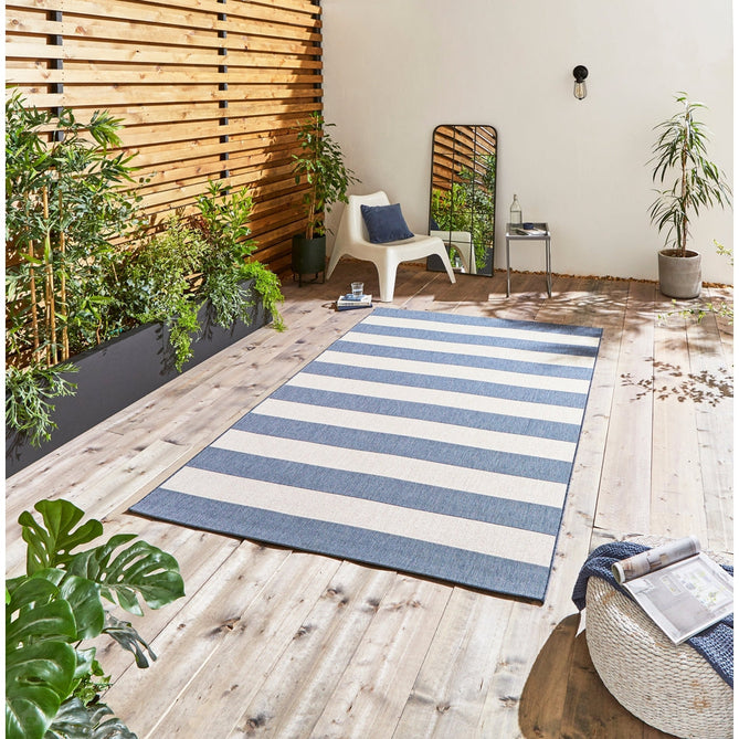 Santa Monica 48644 Striped Durable Stain-Resistant Weatherproof Flatweave In-Outdoor Blue/Light Beige Rug-Think Rugs-Rug Love - The Most Loved Rug Store