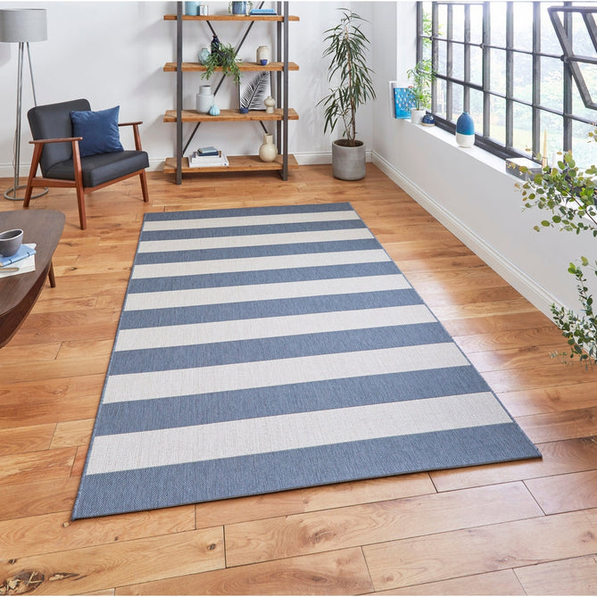 Santa Monica 48644 Striped Durable Stain-Resistant Weatherproof Flatweave In-Outdoor Blue/Light Beige Rug-Think Rugs-Rug Love - The Most Loved Rug Store