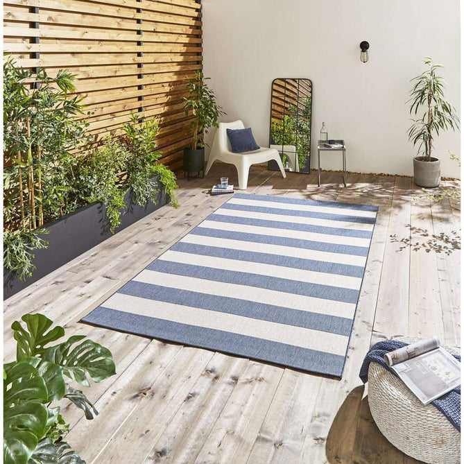 Santa Monica 48644 Striped Durable Stain-Resistant Weatherproof Flatweave In-Outdoor Blue/Light Beige Rug-Think Rugs-Rug Love - The Most Loved Rug Store