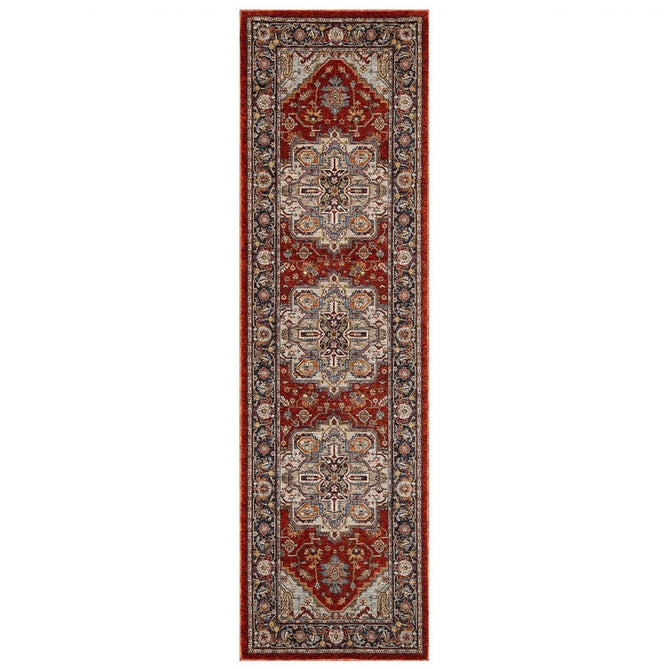 Sarouk 1144 R Traditional Persian Floral Medallion Border Soft-Touch Woven Polyester Flatweave Muted Red/Blue/Cream/Multicolour Rug-Oriental Weavers-Rug Love - The Most Loved Rug Store